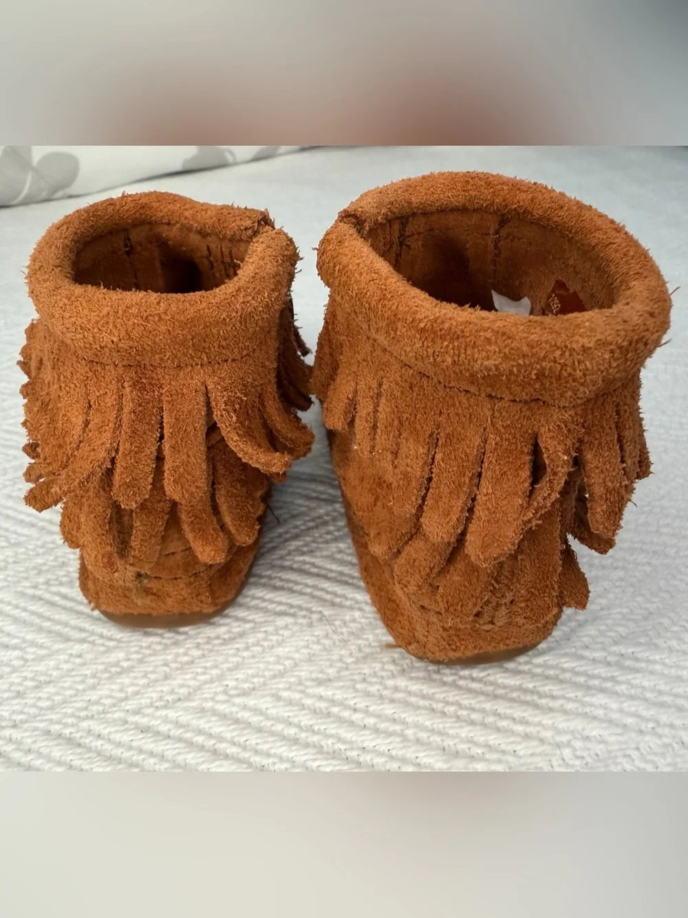Minnetonka Leather 1292 Brown Double Fringe Bootie Moccasin Size 5 kids Side Zip